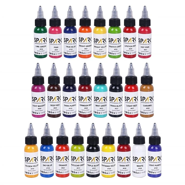 Spark 25 Set 1oz آلی حق بیمه دائمی طولانی - رنگ ماندگار جوهر تاتو صاف سریع برای هنر بدن و خال کوبی